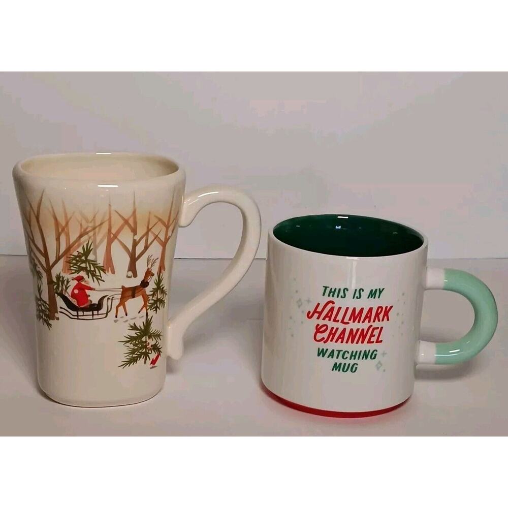 2 Hallmark Coffee Cup Christmas Mugs Santa Reindeer Watching Tea 16 oz